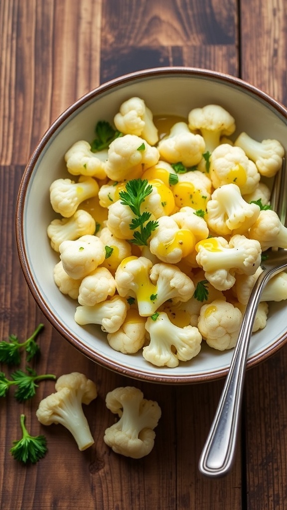 Slow Cooker Cauliflower Recipe Tender slow-cooked cauliflower in a bowl garnished with parsley on a wooden table.